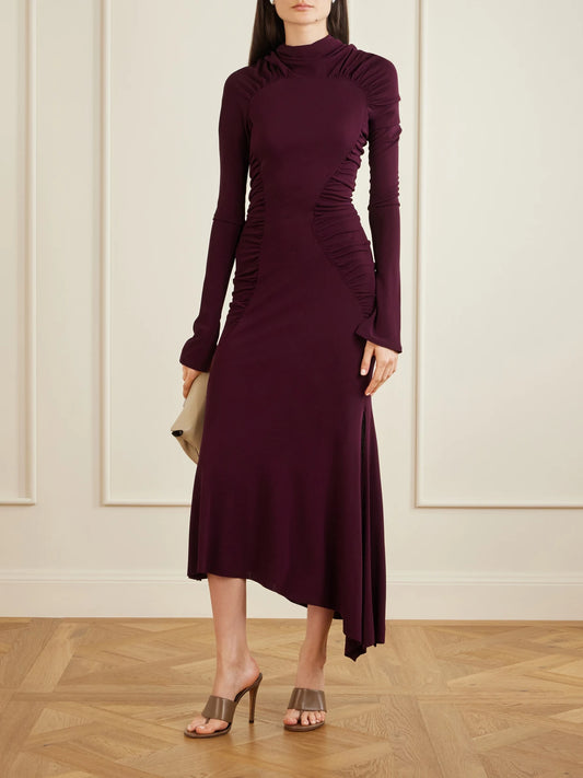 Image of Dresses. Product name - Gathered Crepe Maxi Dress in Burgundy colour by brand - Victoria Beckham