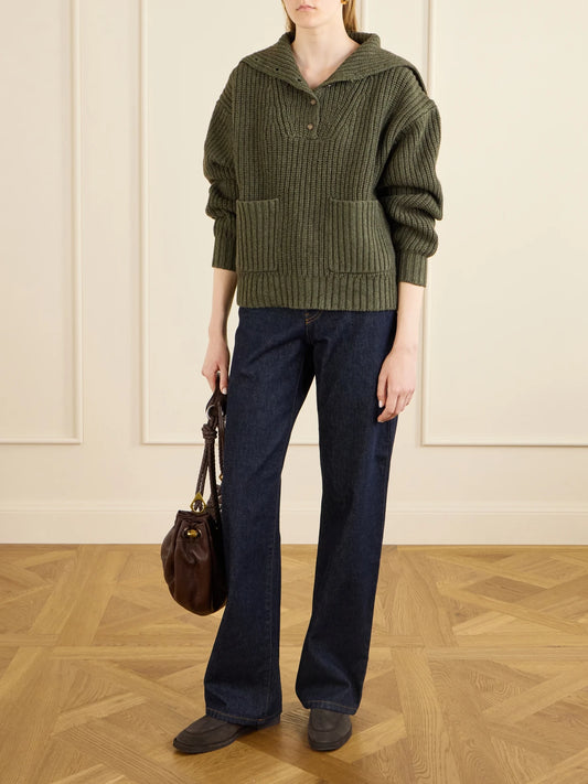 Image of a model wearing Outerwear. Product name - Cotton And Wool-blend Sweater in Army green colour by brand - Polo Ralph Lauren