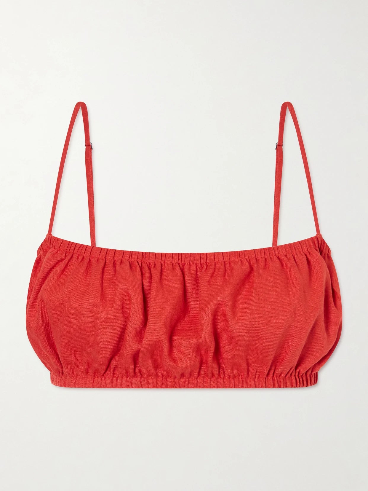 Image of a model wearing Tops. Product name - Fiore Linen Top in Red colour by brand - STAUD