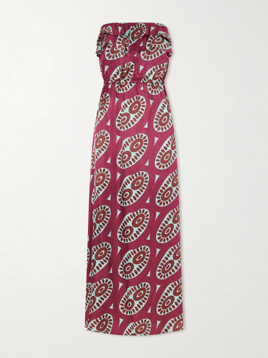 Image of Dresses. Product name - Selene Printed Ruffled Silk-blend Maxi Dress in Multi colour by brand - Themis Z