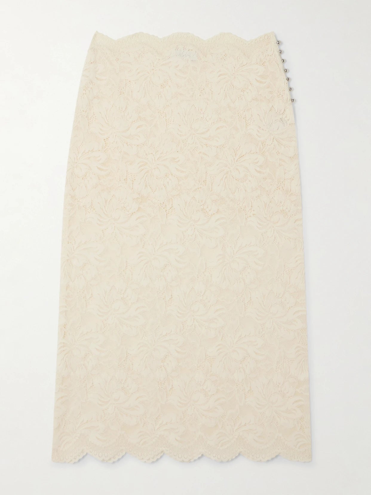 Image of a model wearing Skirts. Product name - Scalloped Lace Midi Skirt in White colour by brand - RABANNE