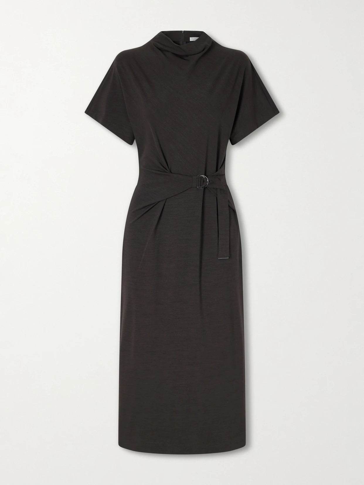 Image of Dresses. Product name - Wrapped Jersey Midi Dress in Brown colour by brand - Brunello Cucinelli