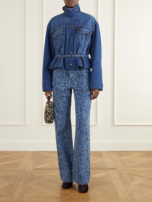 Image of Coats & Jackets. Product name - Belted Denim Jacket in Mid denim colour by brand - Dries Van Noten