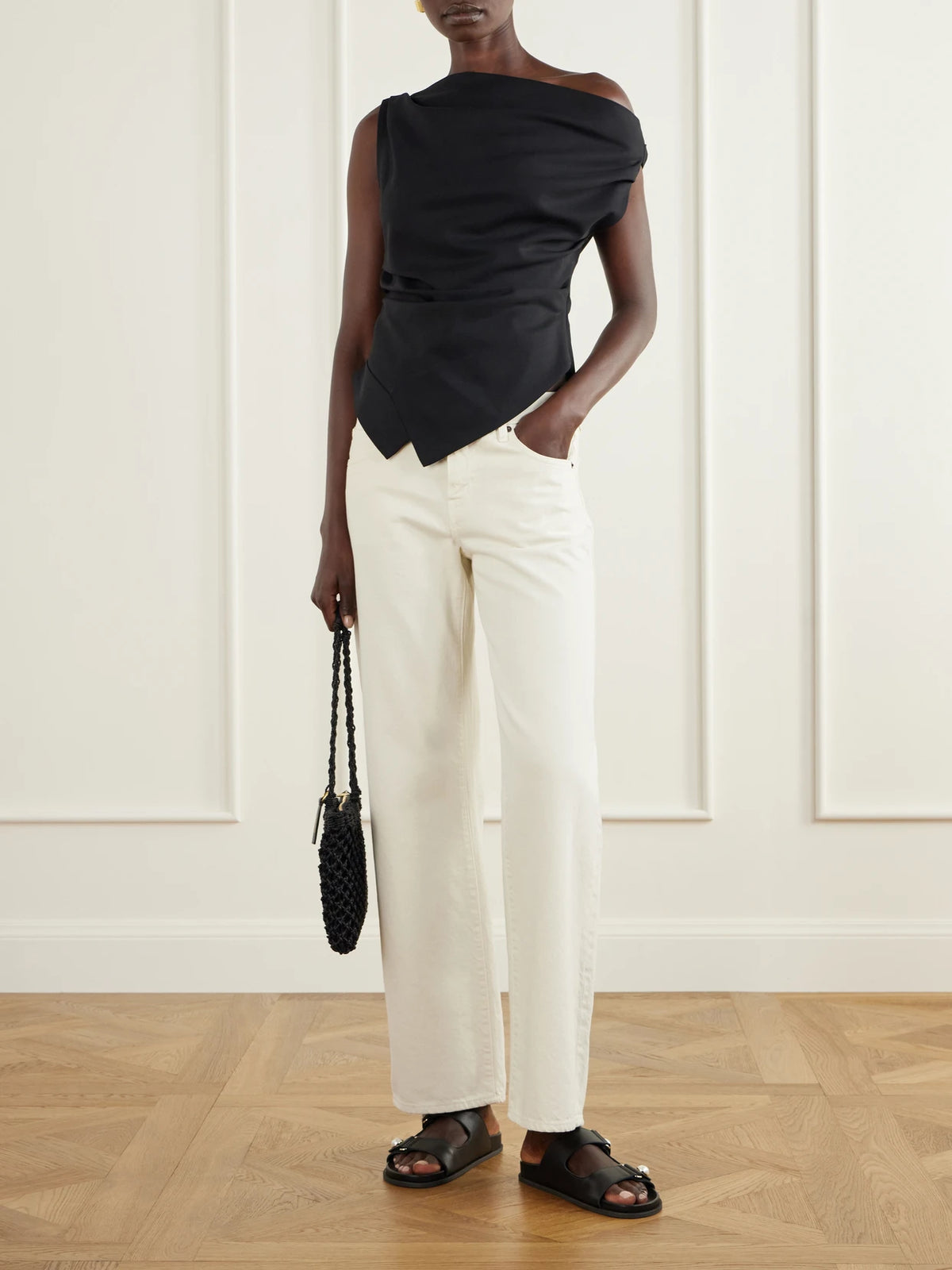 Image of Sandals. Product name - Fayence Embellished Leather Slides in Black colour by brand - Jimmy Choo