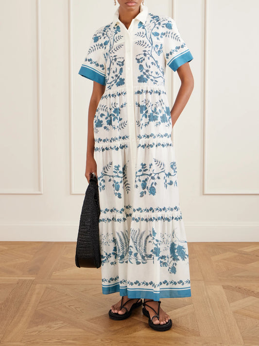 Image of Dresses. Product name - Floral-print Cotton And Linen-blend Midi Dress in Cream colour by brand - Erdem