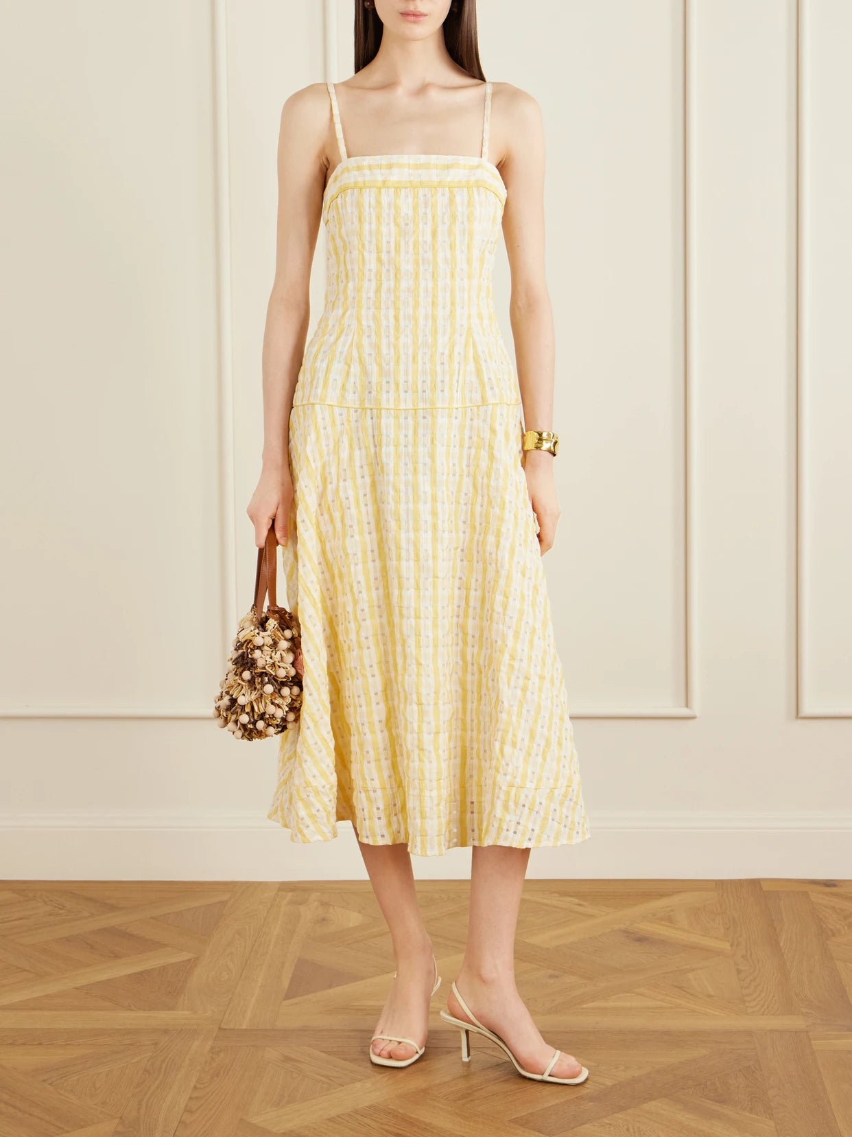 Image of Dresses. Product name - Drop Me A Note Striped Seersucker Midi Dress in Yellow colour by brand - Rosie Assoulin
