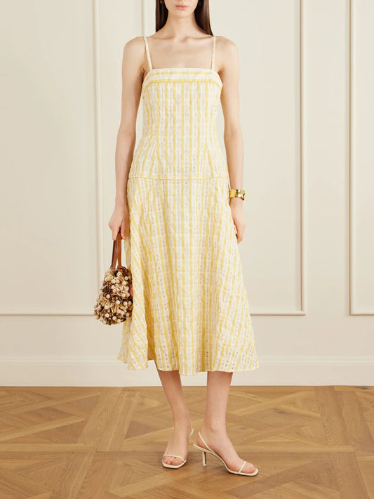Image of Dresses. Product name - Drop Me A Note Striped Seersucker Midi Dress in Yellow colour by brand - Rosie Assoulin
