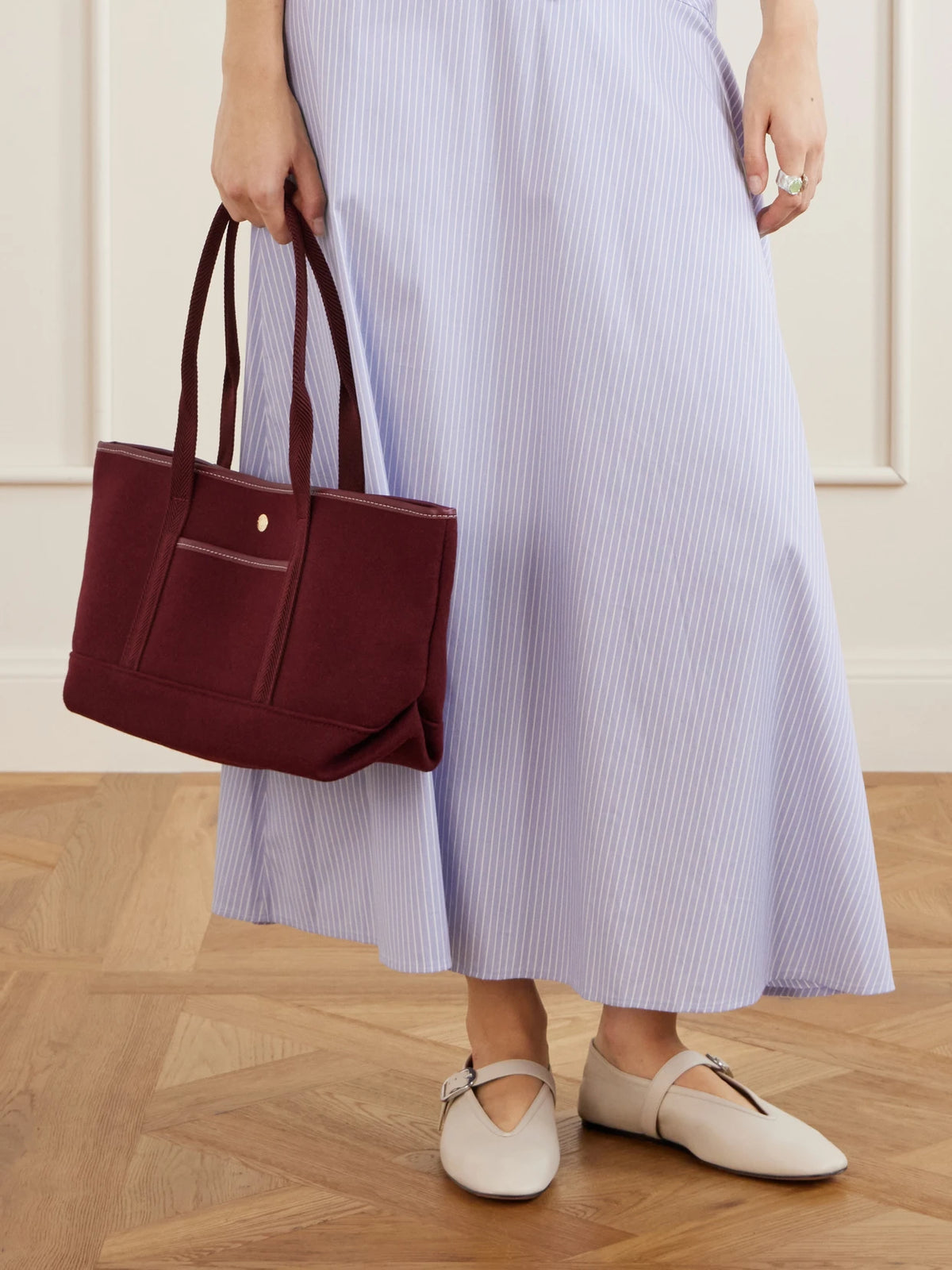 Image of Bags. Product name - Club Leather-trimmed Flannel Tote in Burgundy colour by brand - RUE de VERNEUIL