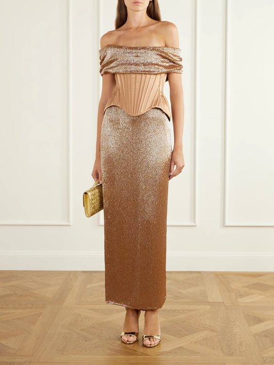 Image of a model wearing Skirts. Product name - Bead-embellished Mesh Midi Skirt in Brown colour by brand - Wiederhoeft