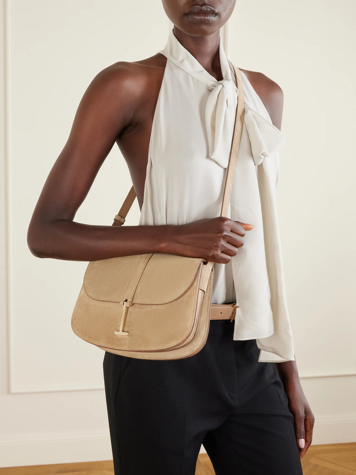 Image of Bags. Product name - Small Suede Shoulder Bag in Beige colour by brand - TOM FORD