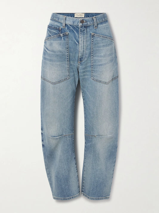 Image of Jeans. Product name - Shon High-rise Tapered Jeans in Blue colour by brand - Nili Lotan