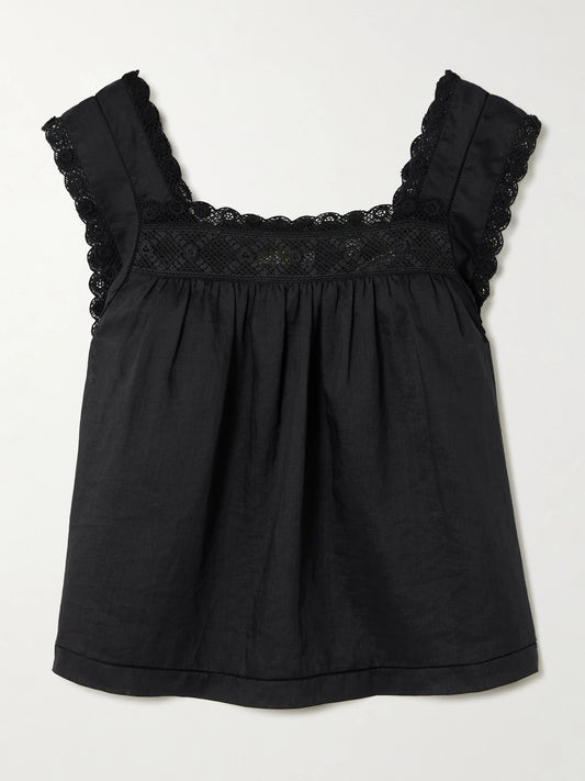 Image of a model wearing Tops. Product name - Aphra Crochet-trimmed Ramie Top in Black colour by brand - DÔEN
