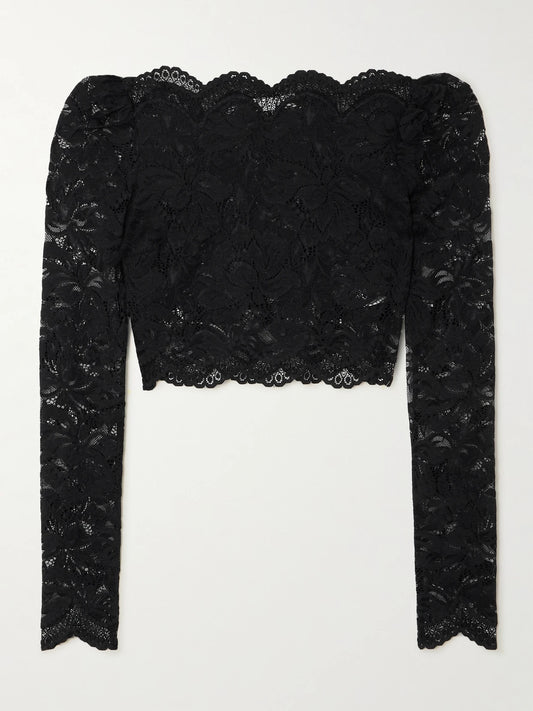 Image of a model wearing Tops. Product name - Cropped Scalloped Stretch-lace Top in Black colour by brand - RABANNE