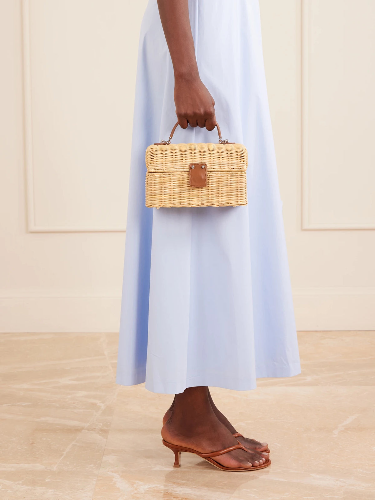 Image of Bags. Product name - Isla Basket Leather-trimmed Raffia Clutch in Neutral colour by brand - Judith Leiber Couture