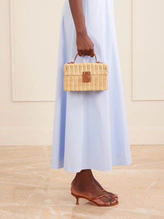 Image of Bags. Product name - Isla Basket Leather-trimmed Raffia Clutch in Neutral colour by brand - Judith Leiber Couture