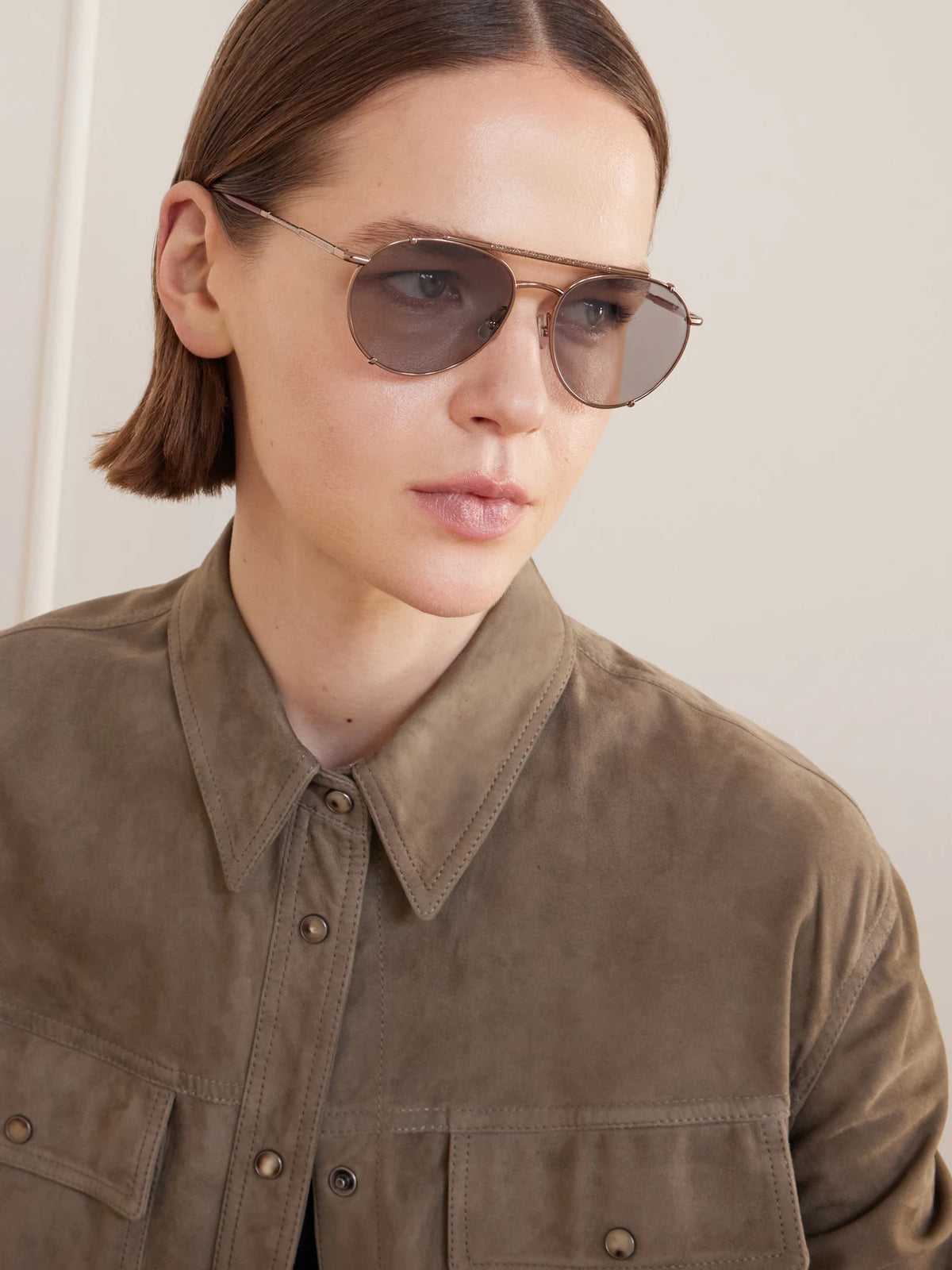 Image of Sunglasses. Product name - Aviator-style Titanium Sunglasses in Gold colour by brand - Brunello Cucinelli