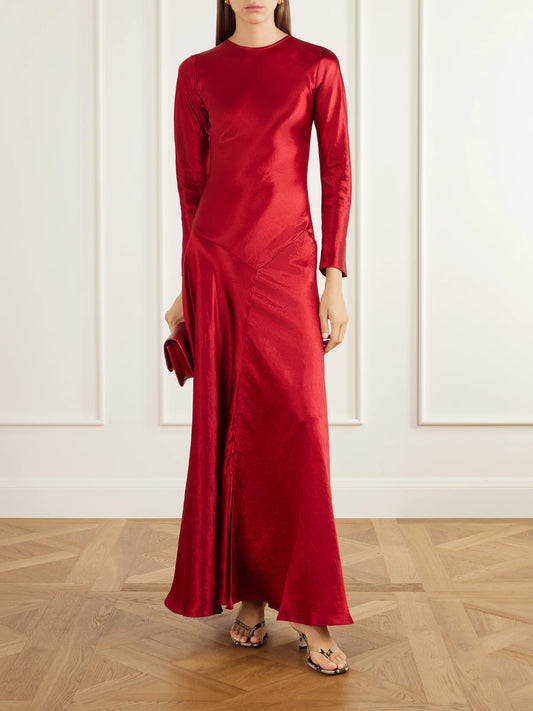 Image of Dresses. Product name - Yara Draped Satin Gown in Red colour by brand - Abadia