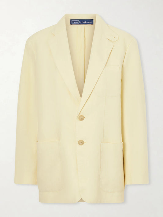 Image of a model wearing Outerwear. Product name - Linen Blazer in Pastel yellow colour by brand - Polo Ralph Lauren