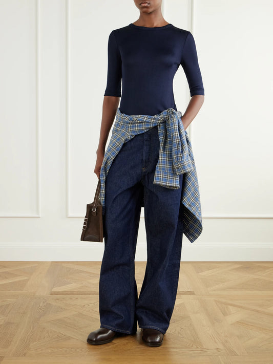 Image of Jeans. Product name - Rounded Baggy Regenerative Cotton Mid-rise Wide-leg Jeans in Dark denim colour by brand - AGOLDE