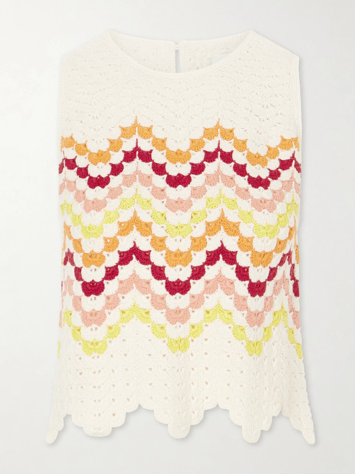Image of a model wearing Tops. Product name - Cuenca Striped Crocheted Cotton Tank in Multi colour by brand - ESCVDO