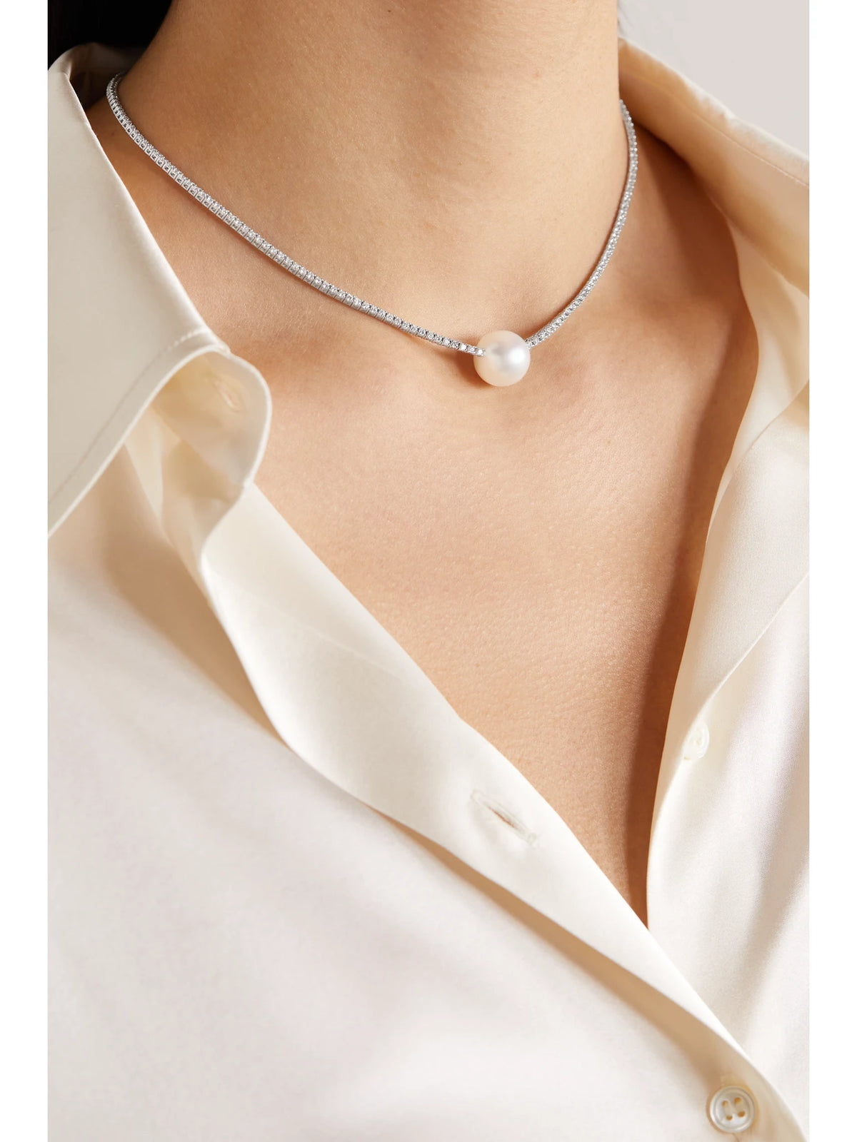 Image of Necklaces. Product name - Eve 18-karat White Gold, Pearl And Diamond Necklace in Multi colour by brand - Mizuki