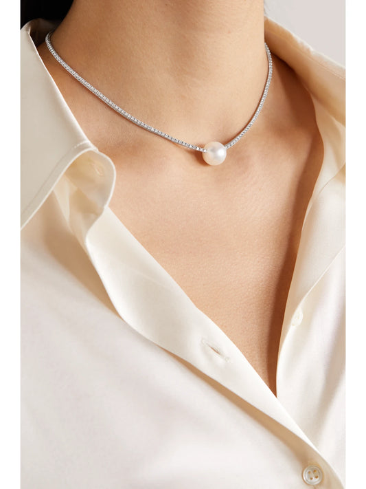 Image of Necklaces. Product name - Eve 18-karat White Gold, Pearl And Diamond Necklace in Multi colour by brand - Mizuki