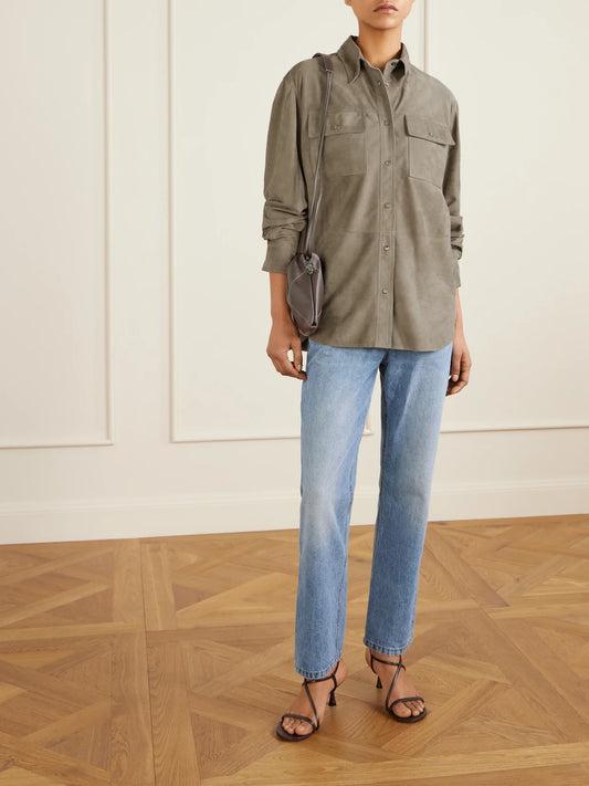 Image of Coats & Jackets. Product name - Suede Overshirt in Army green colour by brand - Brunello Cucinelli