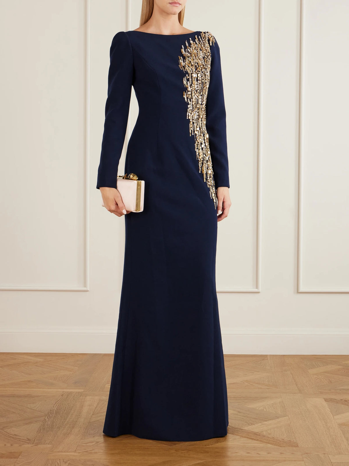 Image of Dresses. Product name - Avana Crystal And Bead-embellished Crepe Gown in Navy colour by brand - Jenny Packham