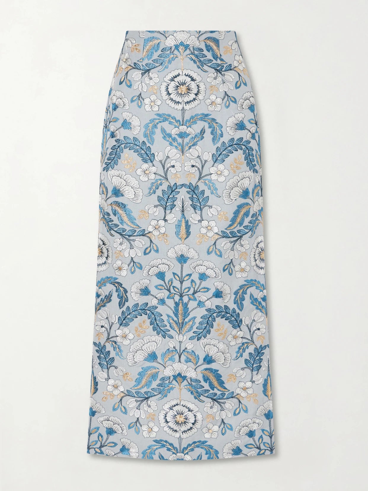 Image of a model wearing Skirts. Product name - Embroidered Woven Midi Skirt in Sky blue colour by brand - Marta Ferri