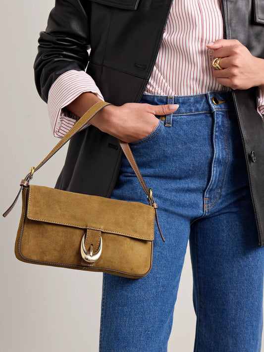 Image of Bags. Product name - Harlow Buckled Suede Shoulder Bag in Tan colour by brand - STAUD