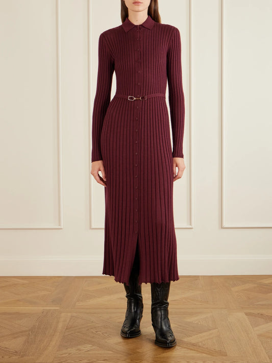 Image of Dresses. Product name - Tenes Belted Ribbed-knit Cashmere And Silk-blend Midi Dress in Burgundy colour by brand - Gabriela Hearst