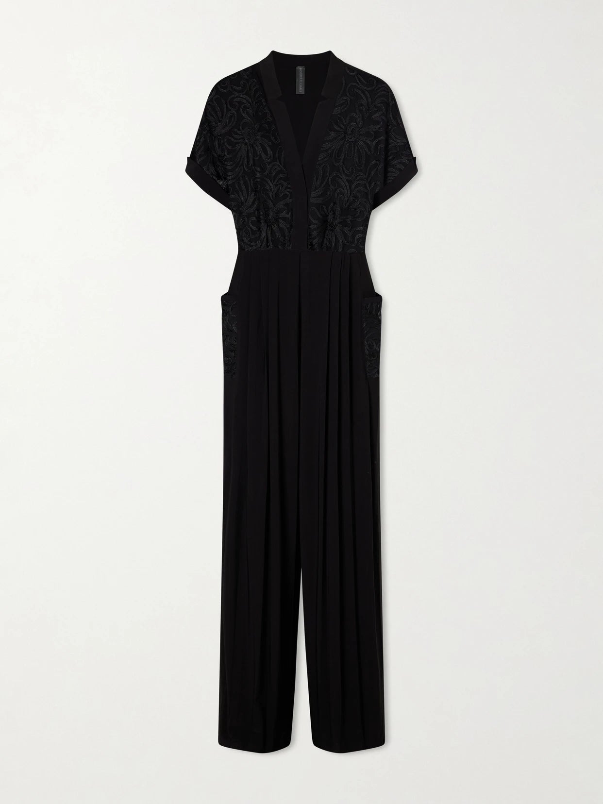 Image of Bodysuits. Product name - Geralyn Embroidered Velvet Jumpsuit in Black colour by brand - Norma Kamali