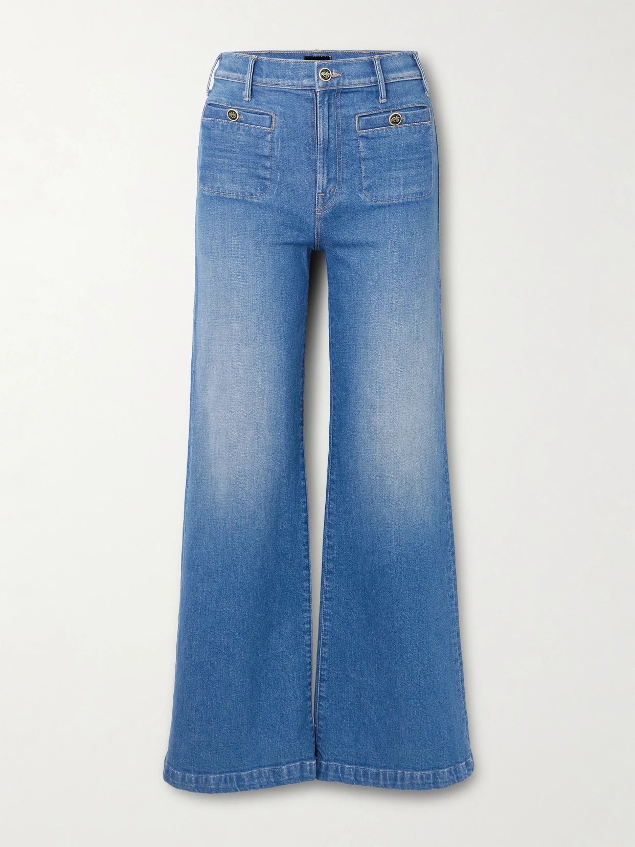 Image of Jeans. Product name - Stashed Hustler Roller Sneak High-rise Bootcut Jeans in Mid denim colour by brand - Mother
