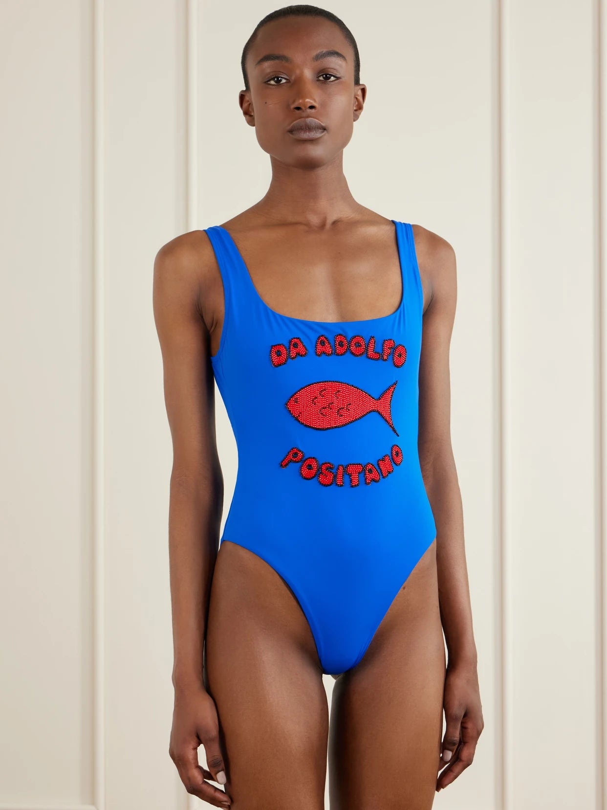 Image of Swimwear. Product name - + Da Adolfo Lea Beaded Swimsuit in Blue colour by brand - STAUD