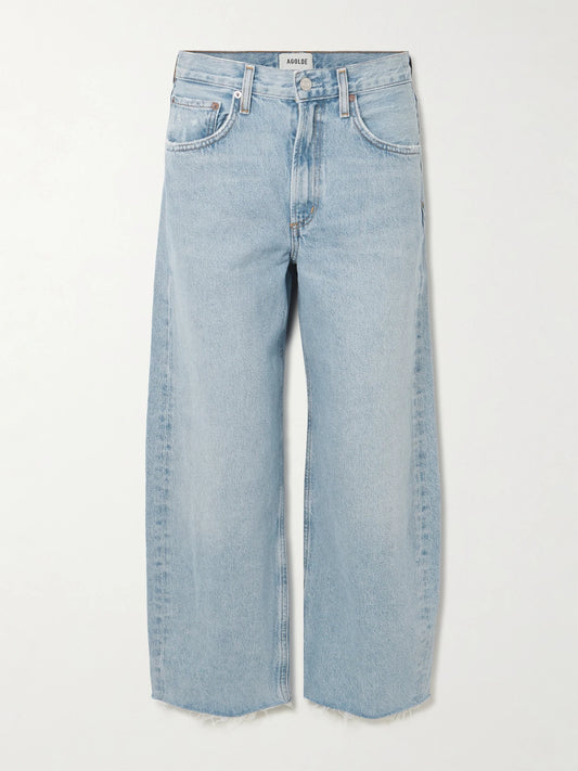 Image of Jeans. Product name - Low Curve Fray High-rise Wide-leg Jeans in Light denim colour by brand - AGOLDE
