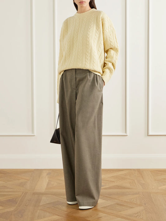 Image of a model wearing Outerwear. Product name - Cable-knit Wool-blend Sweater in Cream colour by brand - RÓHE
