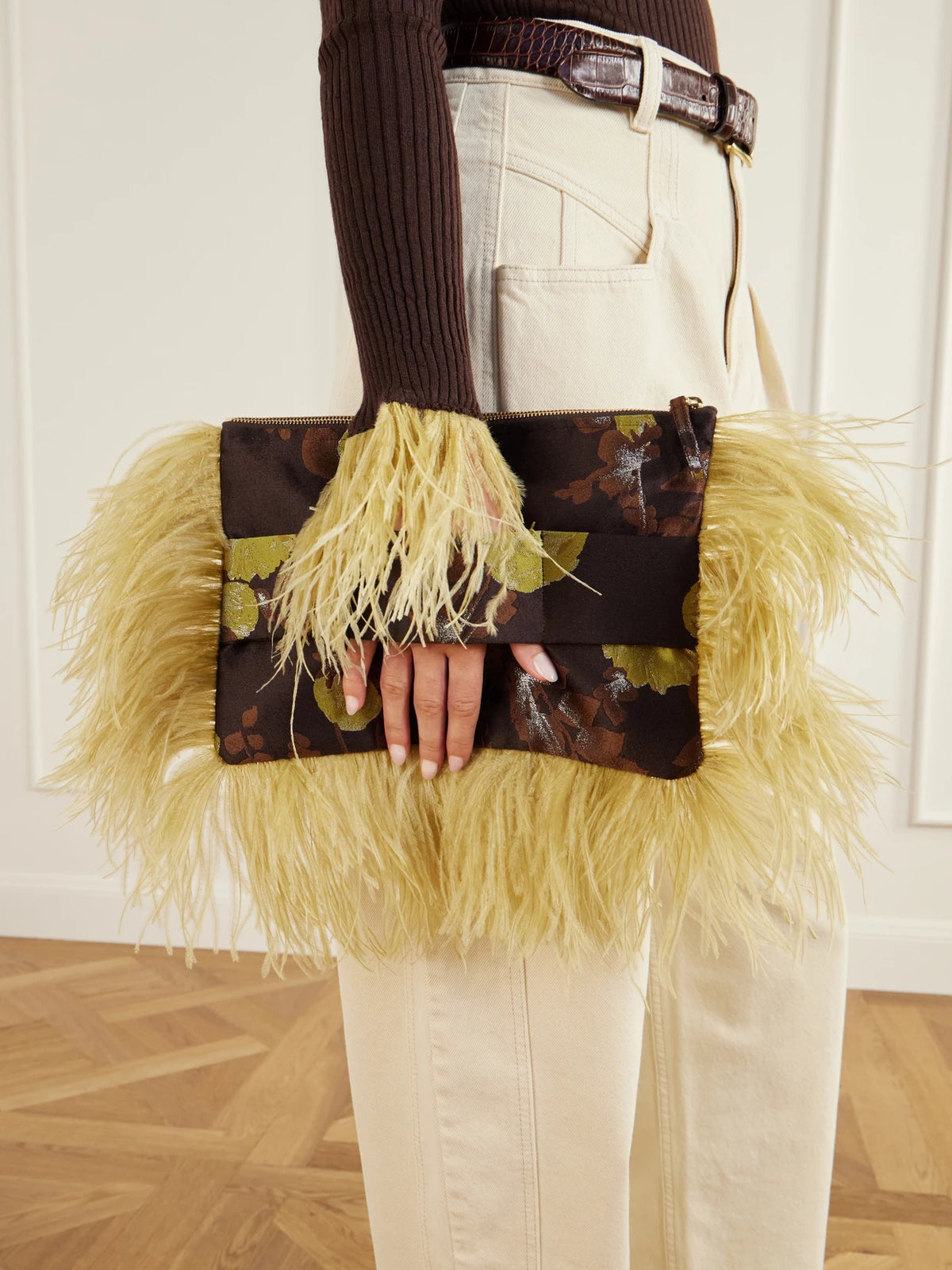 Image of Bags. Product name - Party Feather-trimmed Floral-jacquard Clutch in Brown colour by brand - La DoubleJ