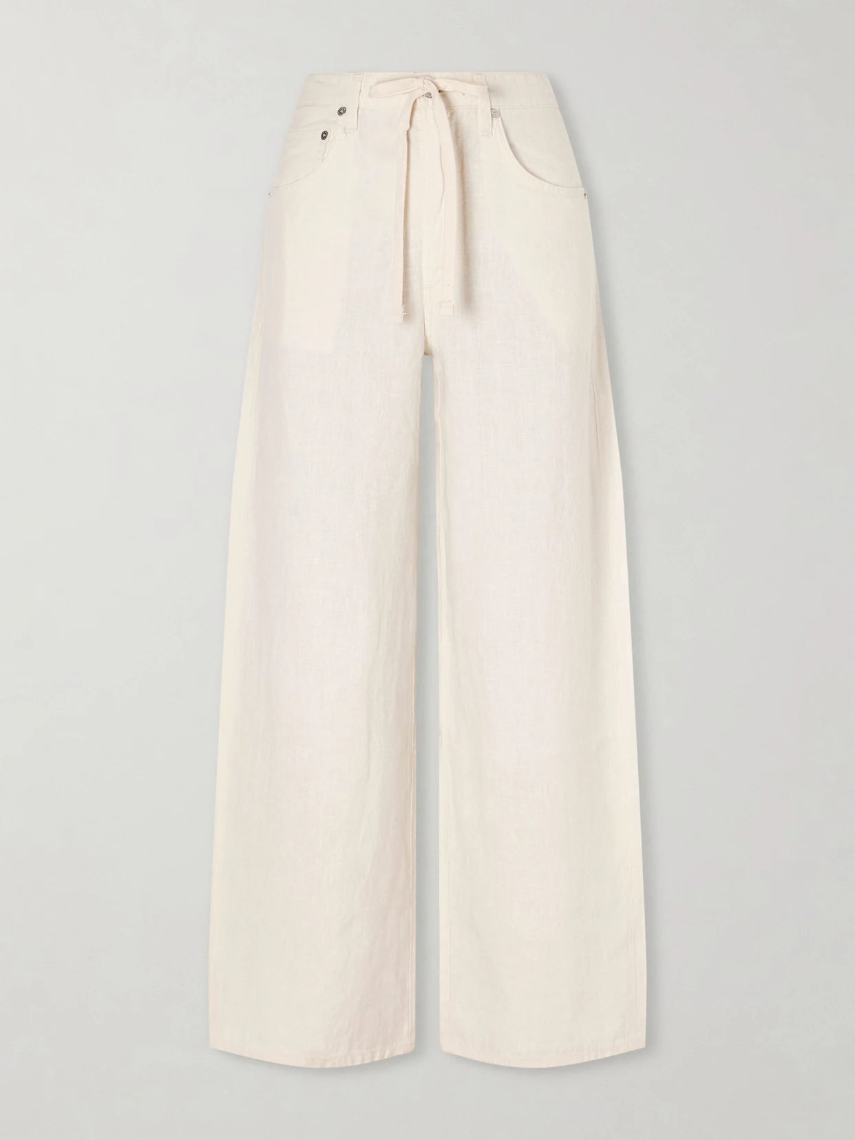 Image of a model wearing Pants. Product name - Brynn Linen Straight-leg Pants in Cream colour by brand - Citizens of Humanity