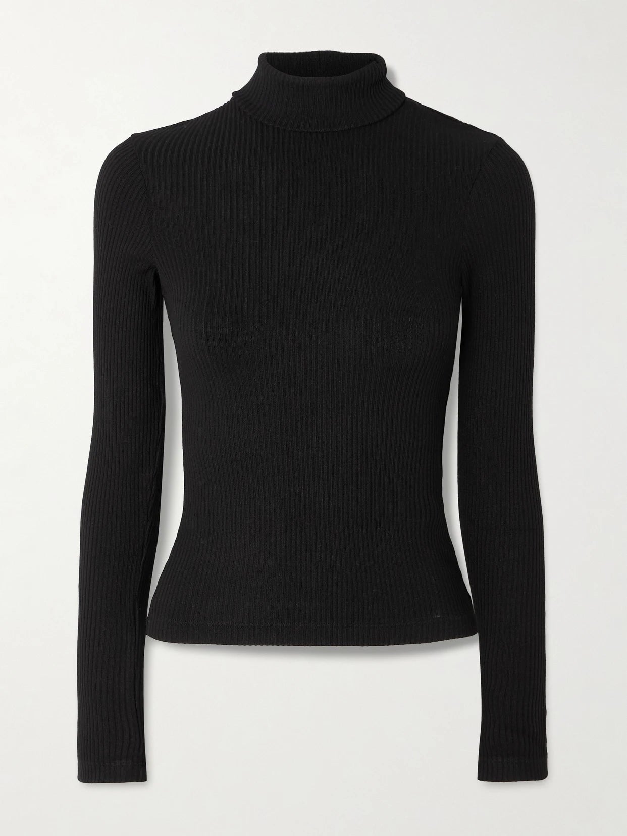 Image of a model wearing Tops. Product name - Caradene Ribbed Stretch-lyocell Turtleneck Sweater in Black colour by brand - Citizens of Humanity