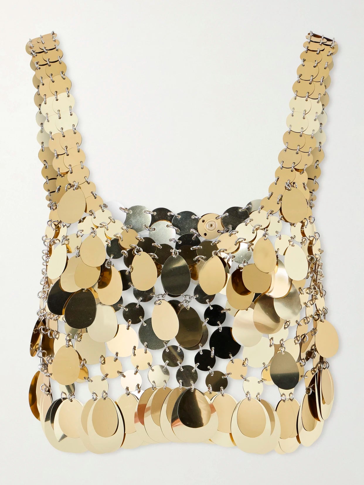 Image of a model wearing Tops. Product name - Cropped Chainmail Top in Gold colour by brand - RABANNE