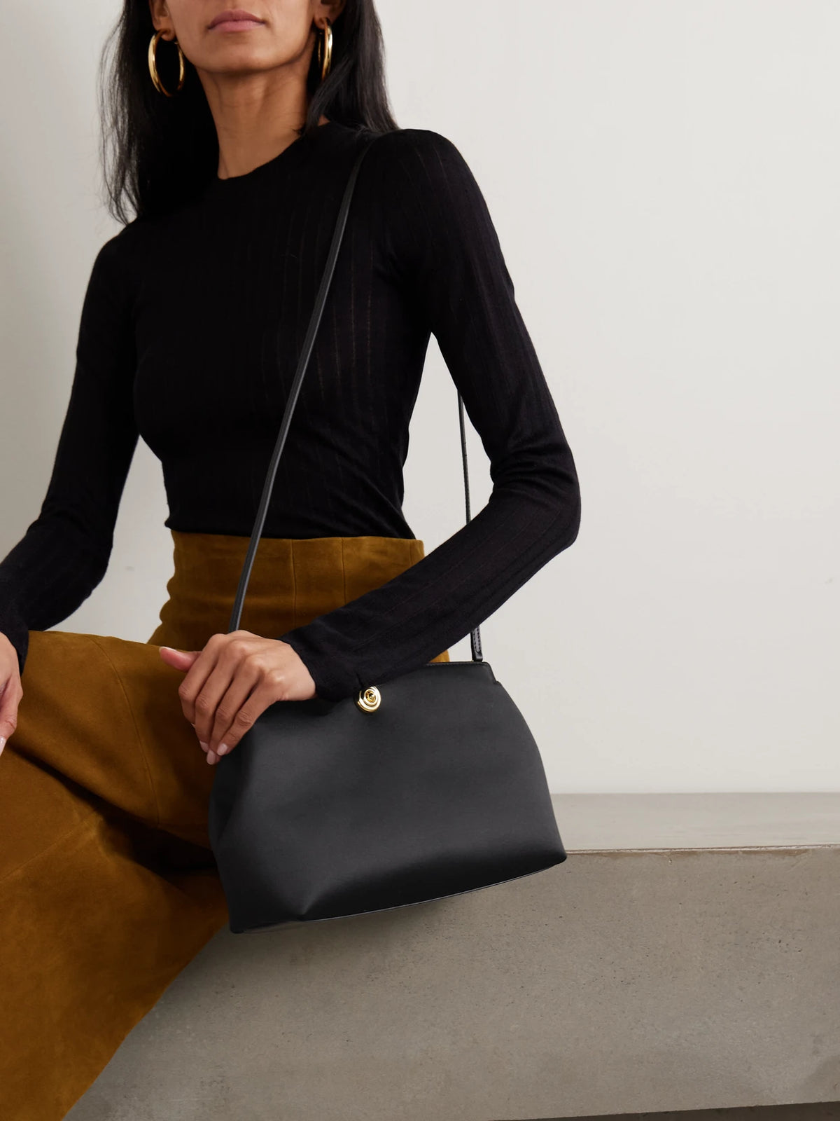 Image of Bags. Product name - Leather-trimmed Satin Clutch in Black colour by brand - Liffner