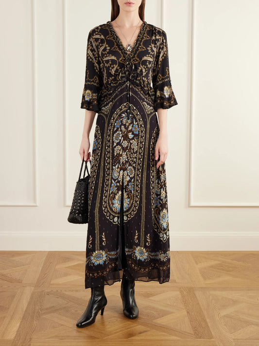Farm Rio Daniela Ruffled Printed Embroidered Crepe Maxi Dress