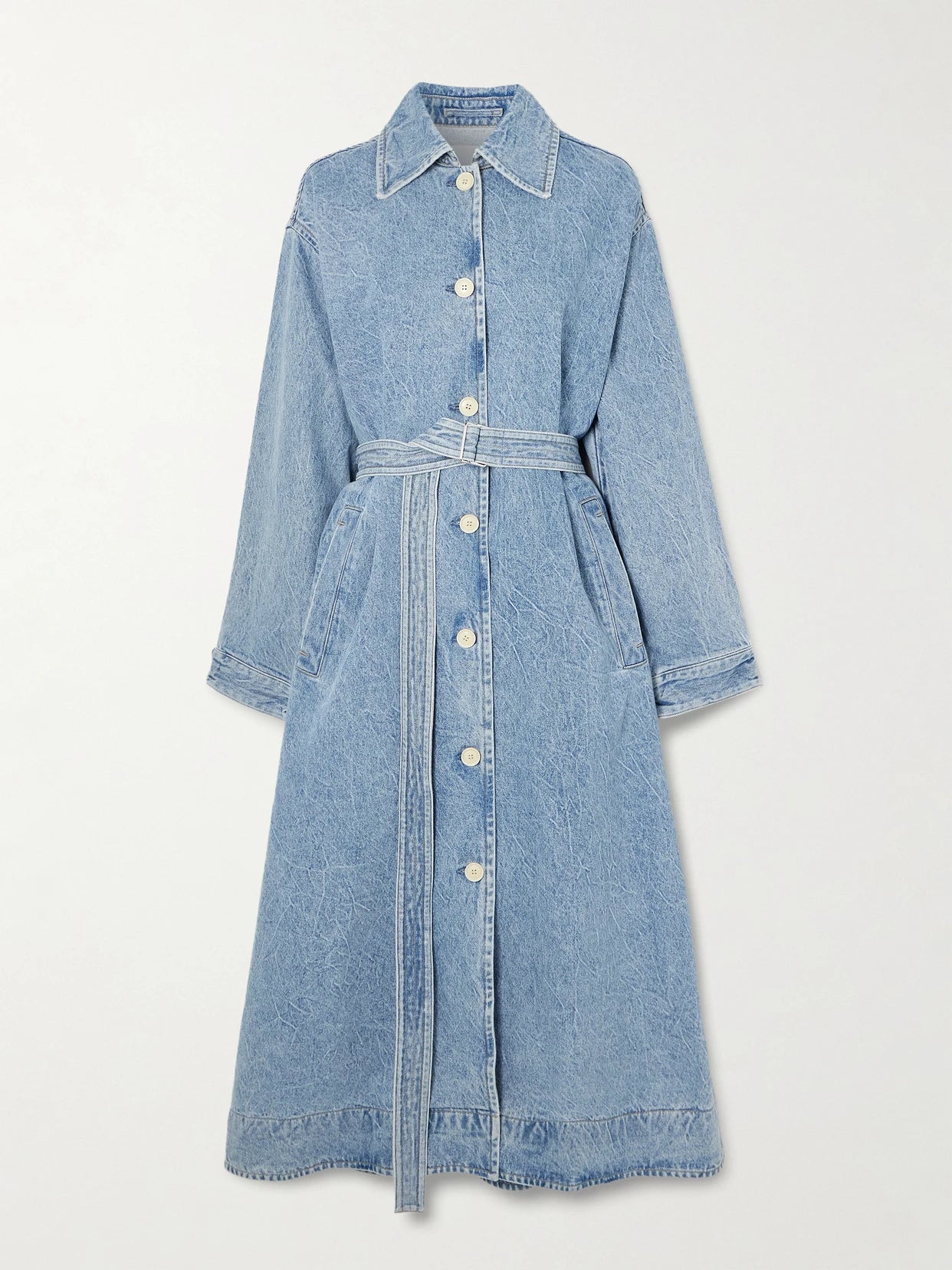 Image of Coats & Jackets. Product name - + Maria Mcmanus Oversized Organic And Recycled Denim Trench Coat in Mid denim colour by brand - AGOLDE