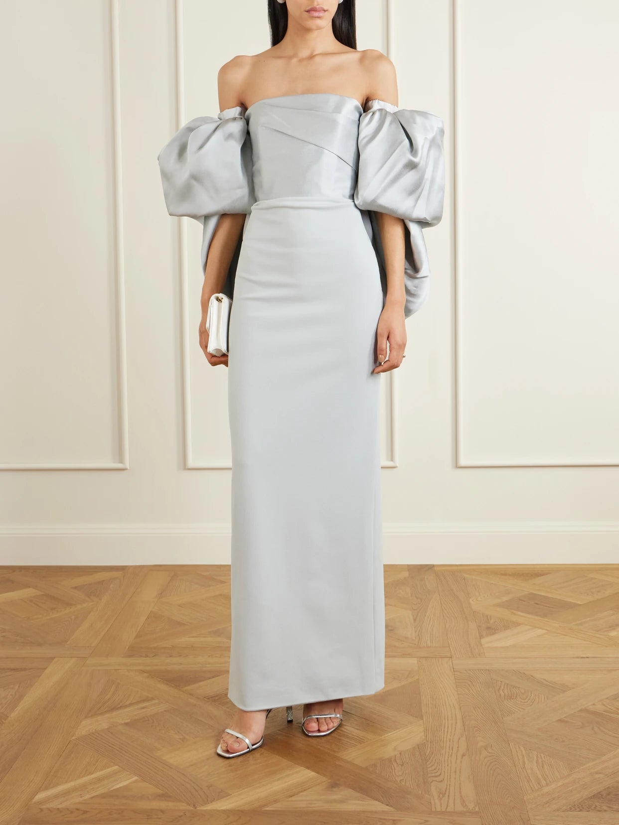 Image of Dresses. Product name - Floris Off-the-shoulder Satin-twill And Crepe Maxi Dress in Silver colour by brand - Solace London