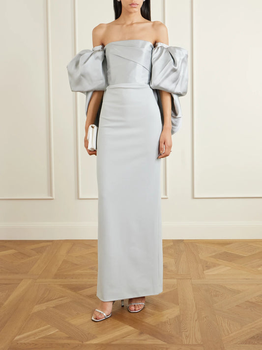 Image of Dresses. Product name - Floris Off-the-shoulder Satin-twill And Crepe Maxi Dress in Silver colour by brand - Solace London