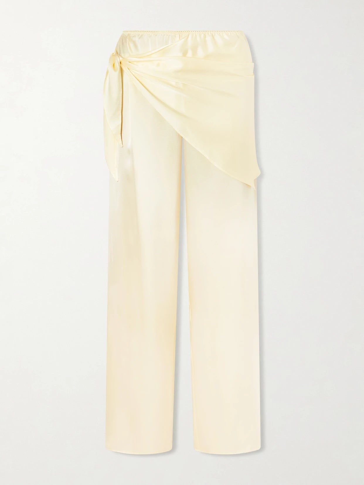 Image of a model wearing Pants. Product name - Lavona Tie-detailed Silk-satin Wide-leg Pants in Yellow colour by brand - DÔEN