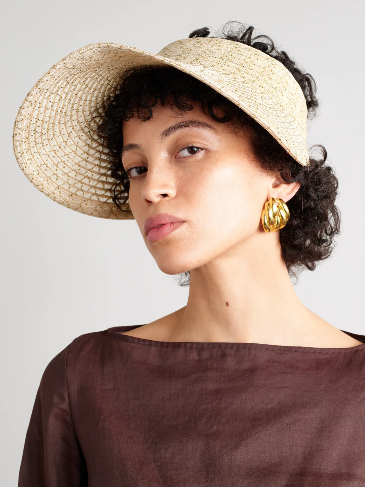 Image of Hats. Product name - Trixie Metallic Hemp-blend Visor in Neutral colour by brand - Eugenia Kim