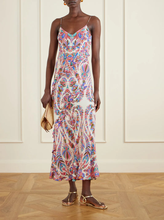 Image of Dresses. Product name - Ruffled Paisley-print Chiffon Maxi Dress in Multi colour by brand - Etro
