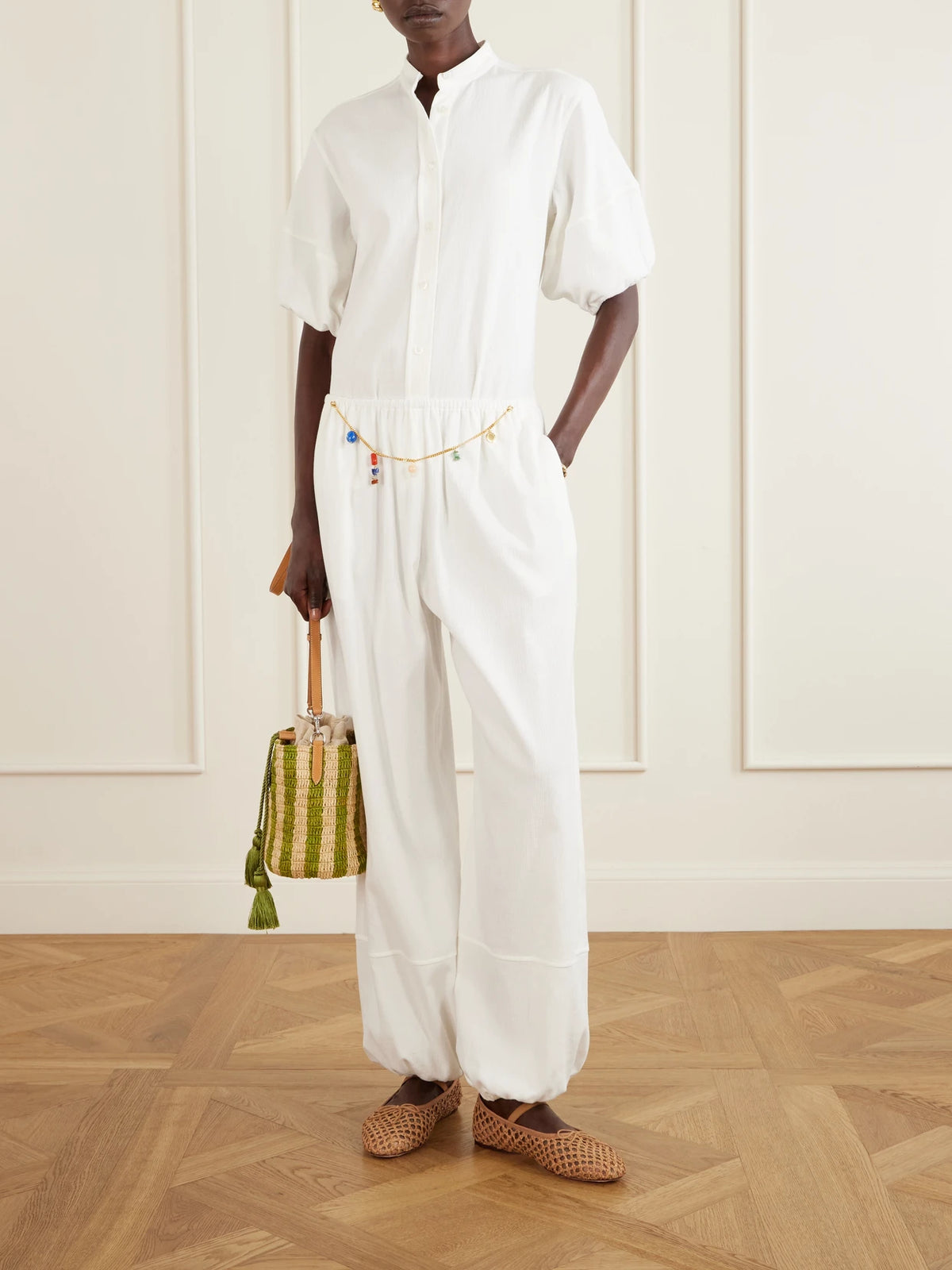 Image of a model wearing Pants. Product name - Embellished Cotton-crepe Balloon Pants in White colour by brand - Stella McCartney