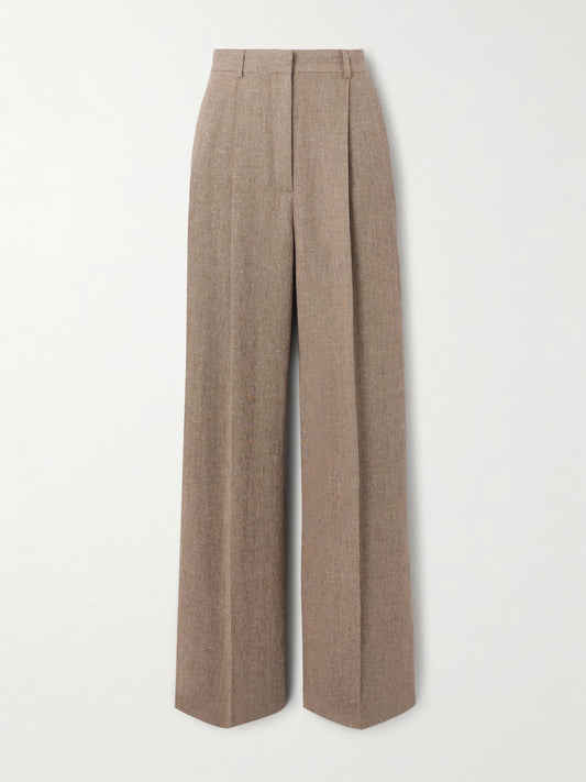 Image of a model wearing Pants. Product name - Kurt Pleated Linen Wide-leg Pants in Brown colour by brand - Loro Piana